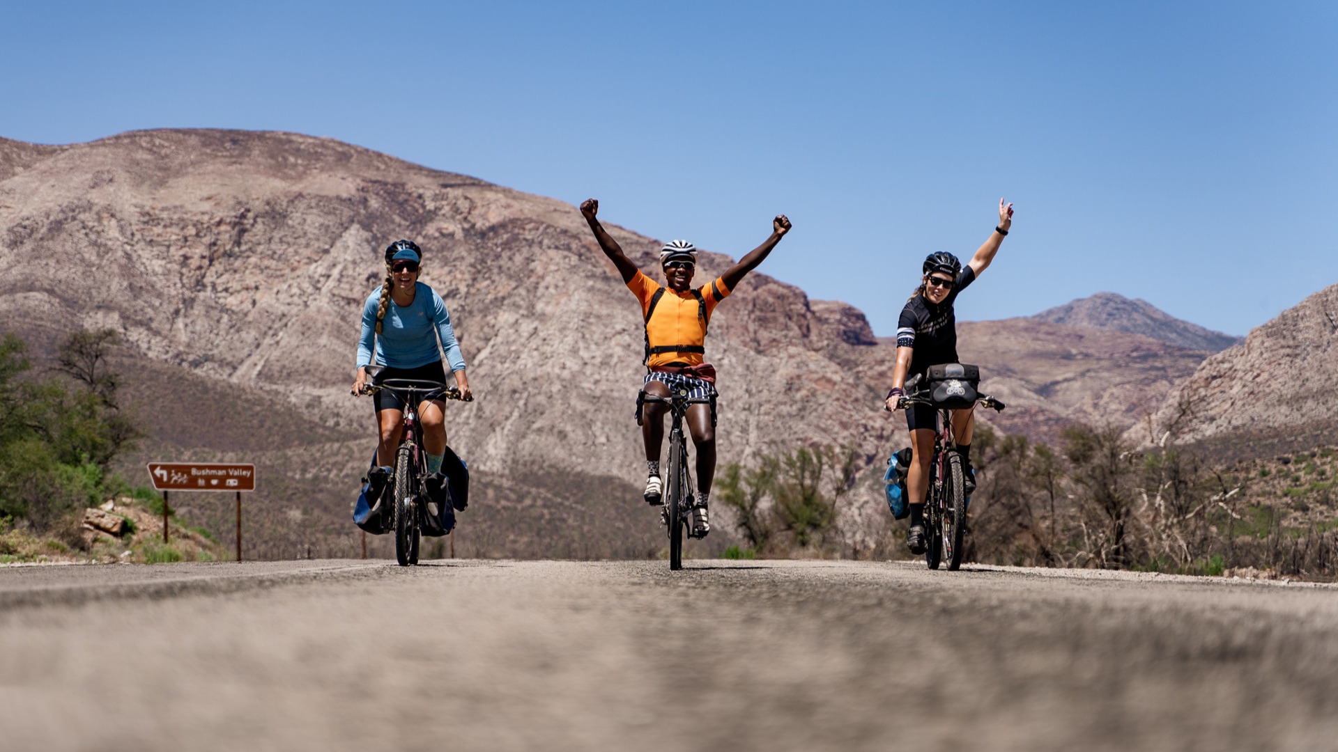 Group of 3 cyclists on gravel and mountain bikes cycling in the Western Cape